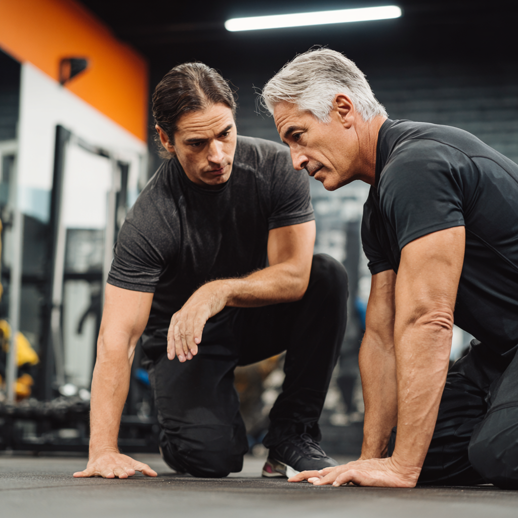 Тренер 45 років працює з клієнтом 60 років, показуючи правильну техніку виконання вправ у фітнес-студії balkumorn