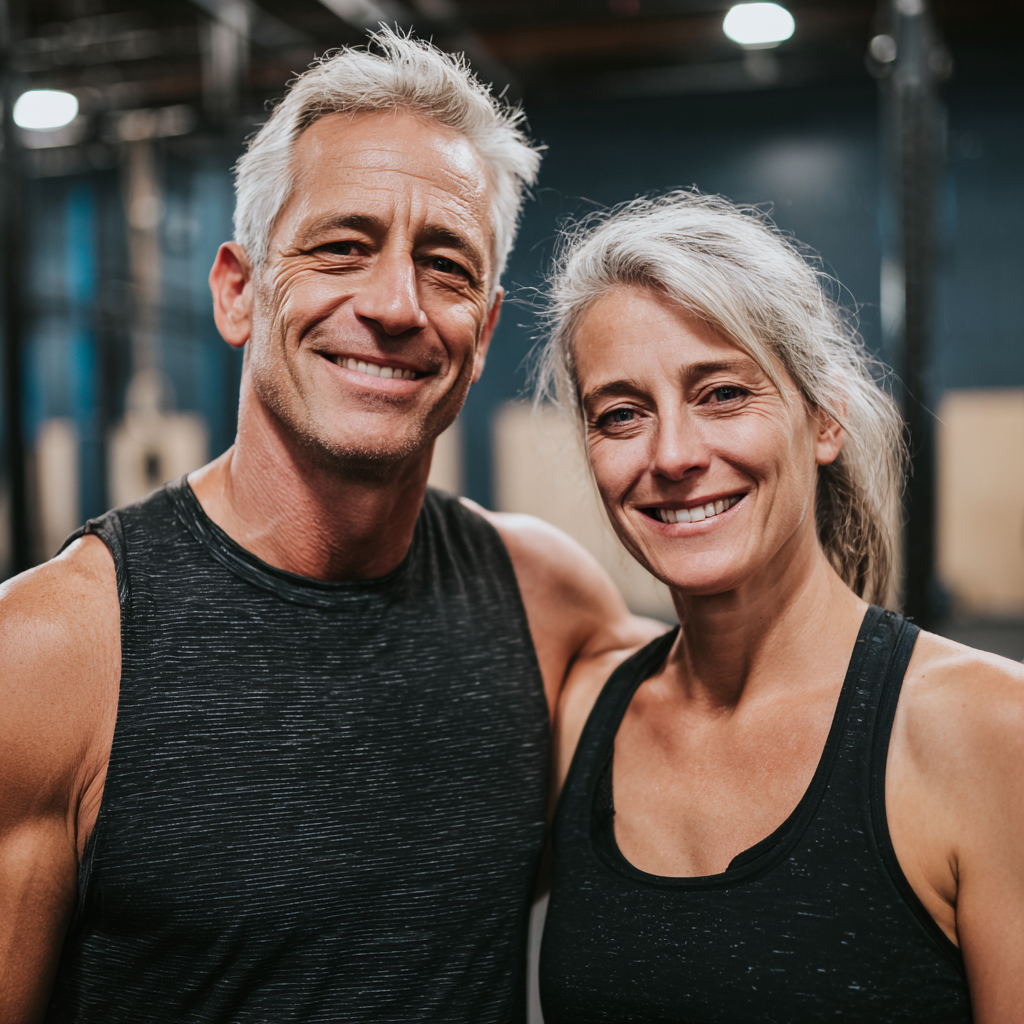 Чоловік 58 років та жінка 52 роки займаються кросфітом разом, усміхаючись після тренування в залі balkumorn