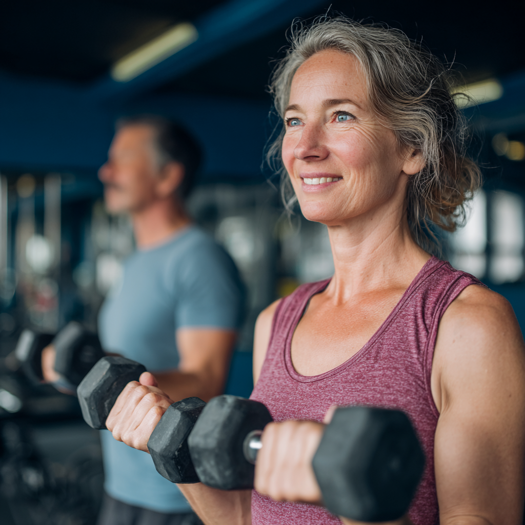 Активна жінка 55 років виконує силові вправи з гантелями в сучасному фітнес-залі balkumorn